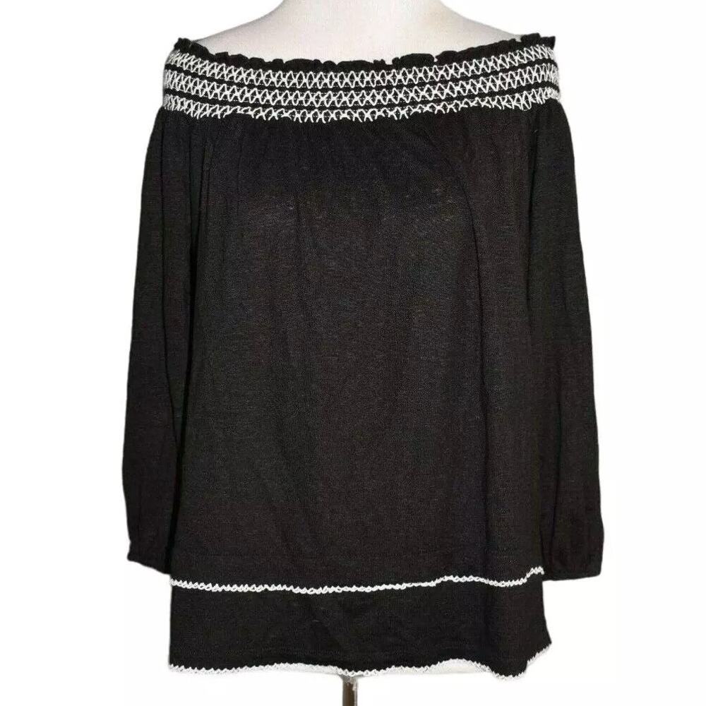 White House Black Market Black Linen Blend Off The Shoulder Top Womens M